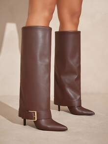 SHUZIA Women's Fashionable Point Toe Stiletto Heel Folded Calf Knee-High Boots With Buckled Strap - Chocolate Brown - View 3