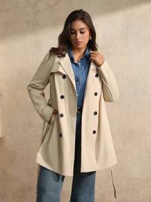 Juhart Áo khoác dạ dáng dài thanh lịch, cài hai hàng khuy, thắt nơ, eo rộng, thời trang dành cho nữ cỡ lớn - Màu Khaki - Xem 4
