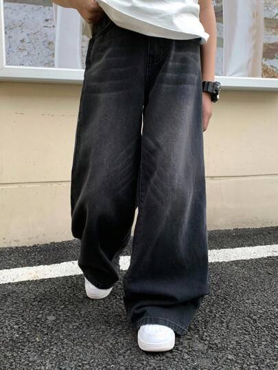 SHEIN Jeans sueltos, cómodos y básicos en negro para ropa de chico adolescente en estilo casual vintage y de moda Y2K, ideal para vuelta al colegio, uso diario, otoño/invierno o atuendos para festivales, playa y fiestas.