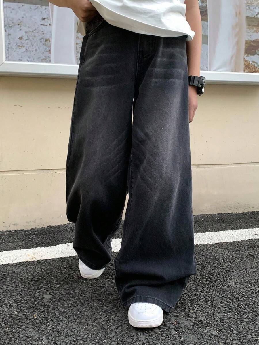 SHEIN Teen Boy Fashion Casual Y2k Vintage Cool Street Returns To School College Black Loose Comfortable And Simple Basic Jeans For Teen Boy Clothes Boys Soft Dailywear And Teen Boy Fall And Autumn Or Winter Clothes Back To School Homecoming Rave Outfits Festival And Beach Outfits Streetwear School Clothes Black Baggy Jeans - Black - View 1