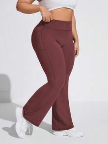 Rhythm Era Plus Size High Waist Side Pocket Flare Leg Sports Pants Flare Yoga Pants With Pockets Bootcut Yoga Pants Yoga Pants With Pockets Flare Leggings With Pockets Workout Pants With Pockets Boot Cut Yoga Pants Flare Workout Pants Gym Clothes Women Pants - Burgundy - View 3