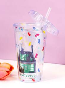 HARRY POTTER X SHEIN 1PC Letter Graphic Cold Drink Juice Cup, 450ml Or 600ml Transparent Flat Lid, Double-Layer Straw Cup, Straw Juice Cup, Transparent Bow Shaped Cup - Multicolor - View 2