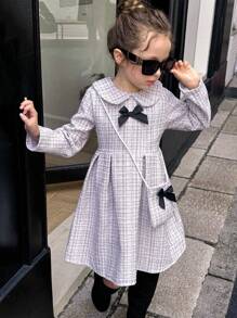 Young Girl Cute White Peter Pan Collar Long Sleeve Textured High Waist Short Dress With 3D Bow&Matching Bag,Back-To-School Autumn 7th Birthday Fall - Grey - View 4