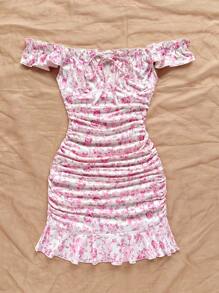 Soleia Vestido mini ajustado con volantes y estampado floral para vacaciones de verano de mujer