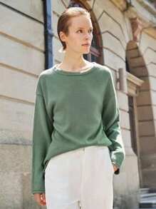 Lumivelle 秋季女士宽松圆领休闲套头毛衣，初秋绿色毛衣针织套头衫秋冬 - 綠色 - 查看 1