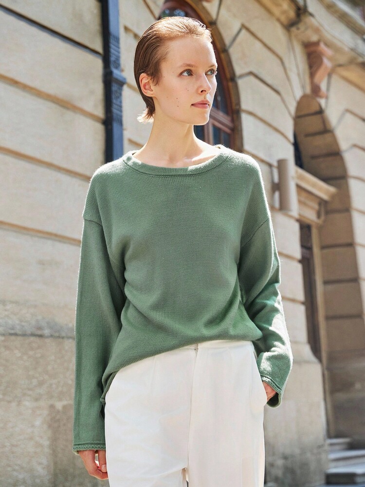 Lumivelle Fall Women Loose Fit Crew Neck Casual Pullover Sweater, Early Autumn Green Sweater Knit Pullover Fall Winter - Green - View 1