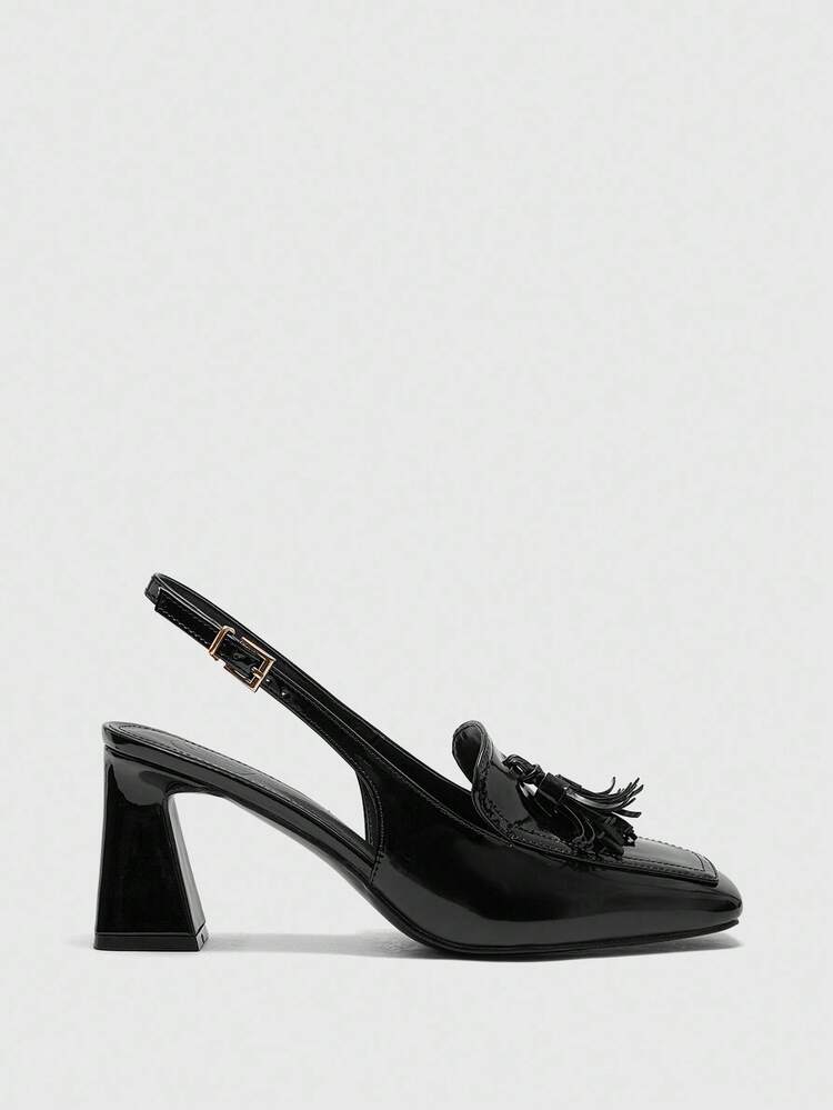 CUCCOO BIZCHIC Women's High-End Black Patent Leather Peep Toe Chunky Heel Sandals, Fashionable & Versatile