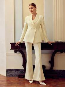 ZEYLAH Embellished Pearl Beaded Women's Blazer Fall Cloth For Women - White - View 5