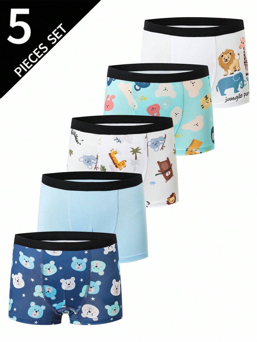 5pcs/Pack Boys' Cute Animal Print Basic Comfortable Boxer Briefs, Fashionable Sports Style