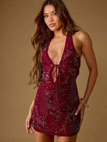 MISSGUIDED Đầm ngắn cổ yếm chữ V sâu, đính sequin lấp lánh, sang trọng, thích hợp dự tiệc, dạ hội, câu lạc bộ, lễ hội, đám cưới, tiệc trang trọng, ôm sát cơ thể. - Màu Tím - Xem 6