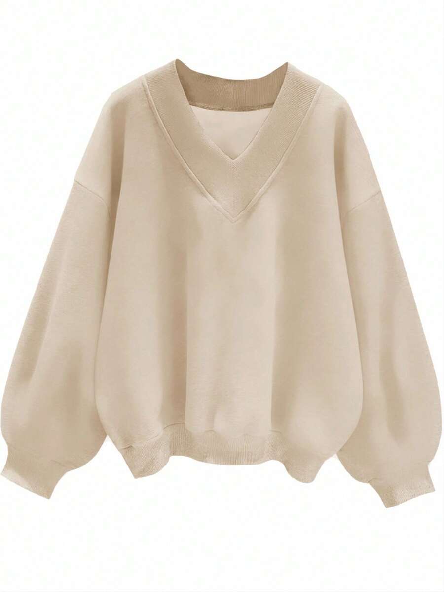 SHEIN EZwear Áo nỉ dáng rộng cổ chữ V màu kaki trơn đơn giản dành cho nữ, thích hợp cho mùa thu/đông trở lại trường học - Màu be - Xem 1