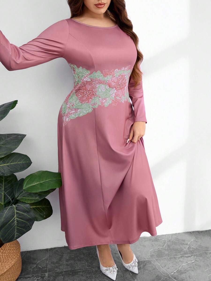 Modelyn Spring/Autumn Boat Neck Graphic Print Bodycon Knit Midi Dress Fall Cloth For Women - Pink - View 1