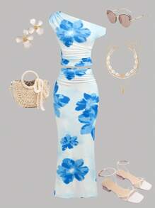 SHEIN Girlism Blue Knitted Sleeveless Co-Ord With Asymmetrical Neck For Vacation Style Blue Floral Dress Hawaii Outfits Island Girl Outfit Summer Outfits