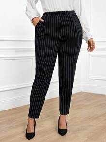 Miaspire Plus Size Women Striped Pocket Skinny Casual Pants, Suitable For Commute