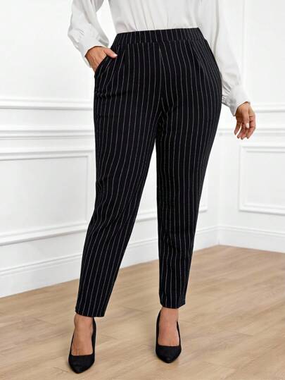 Miaspire Plus Size Women Striped Pocket Skinny Casual Pants, Suitable For Commute,Spring/Summer/Vacation