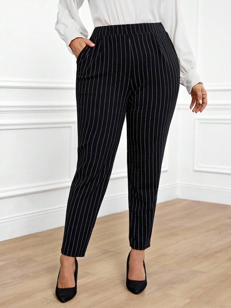 Plus Size Women Striped Pocket Skinny Casual Pants, Suitable For Commute,Spring/Summer/Vacation