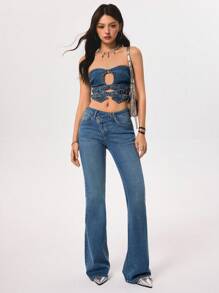 SHEIN ICON 女士性感牛仔短款吊带背心 - 深色水洗藍 - 查看 3