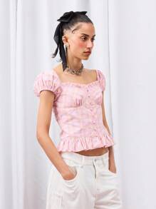COUREZ Camisa ajustada a cuadros con mangas abullonadas y dobladillo con volantes / Tops lindos de estilo Y2K para salir, tops sexy de corsé - Rosa Pálido - Ver 5