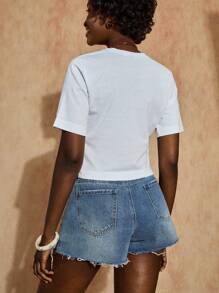 Bóhologie Áo thun denim chi tiết corset, áo thun hở ngực, phong cách đường phố Y2K, áo mùa hè thường ngày, kiểu dáng crop - Nhiều màu - Xem 2