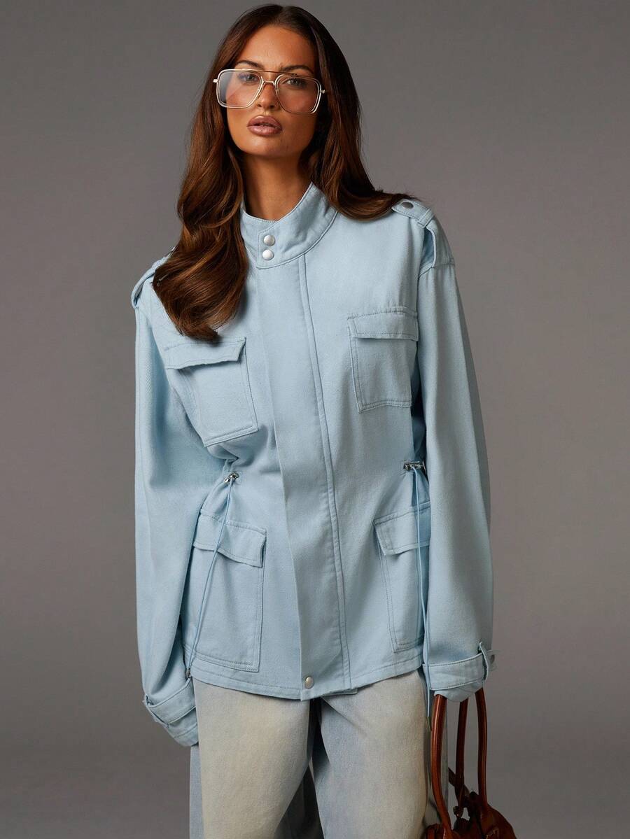 Athîral Women's Casual Fashion Street Style Flap Pocket Stand Collar Denim Jacket Autumn Long Sleeve Light Blue Jacket Women - Blue - View 1