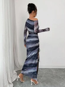 Elenzga Vestido largo elegante y romántico de otoño para mujer, con hombros descubiertos, manga larga, cintura ajustada, plisado y abertura, adecuado para festivales, vuelta al colegio, vestido de profesora, Halloween, Acción de Gracias - Multicolor - Ver 2