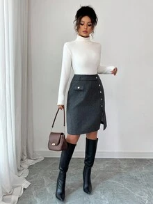 Elenzga Women's Solid Color Knee-Length Side Slit Hem Button Design A-Line Skirt - Dark Grey - View 6
