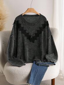 CosyJoli Suéter de punto con encaje lavado y desgastado de estilo francés elegante y casual para mujeres de talla grande en otoño/invierno - Negro - Ver 3