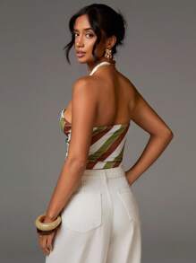 Athîral Women's Fashionable Contrast Stripe Backless Halter Top, Summer