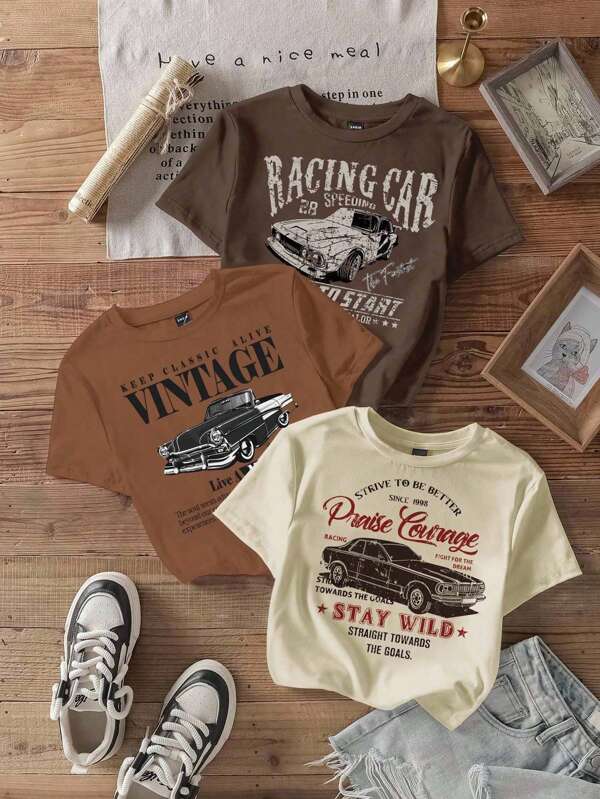 Attitoon Set de 3 camisetas de mujer de ajuste ceñido con cuello redondo, manga corta y estampado vintage inglés con grunge y estilo minimalista casual de automóvil, adecuado para aeropuerto y estilo callejero, Y2K