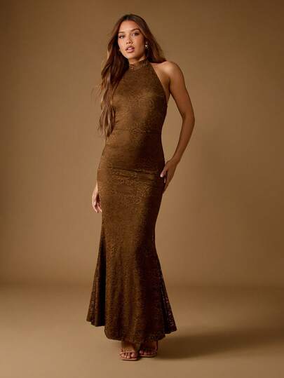 MISSGUIDED Lace Evening Gown High Neck Bodycon Maxi Dress Form Fitting Mermaid Dress Floor Length Elegant Long Sleeveless Holiday Party Wedding Guest Dress