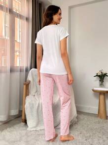 EURMUSE 2 件/女士心形印花细节口袋和心形印花睡裤家居服睡衣套装