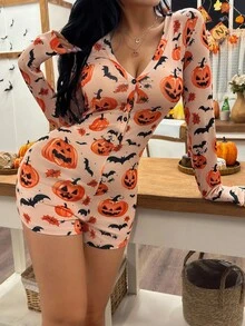 Halloween Pumpkin & Bat Print Long Sleeve Front Button Jumpsuit, Fall Pumpkin Pajamas Halloween Pajamas Women Women Halloween Pajamas - Multicolor - View 5