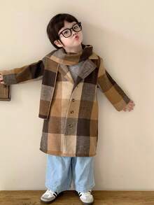 SHEIN 2件套男童秋冬复古格子大衣和围巾套装，米棕色 - 彩色 - 查看 5