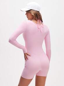 Eassivo Eassivo 女式纯色褶皱长袖镂空设计连体衣