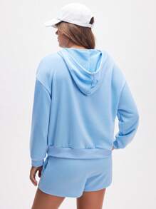 Eassivo Eassivo 女士连帽抽绳落肩长袖宽松休闲运动衫 - 藍色 - 查看 2