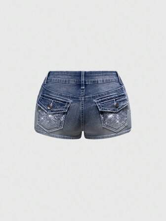 Shorts vaqueros de tiro bajo súper cortos para mujer con bordado de mariposa, strass y efecto desgastado vintage