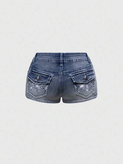 Y2K Butterfly Embroidery Rhinestone Distressed Vintage Super Low Waist Super Short Women Denim Shorts