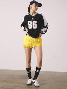 Athîral Summer Balletcore Sweet Bow Kawaii Mesh Contrast Lace Ruffle Trim Low Waist Yellow Mini Shorts - Yellow - View 4