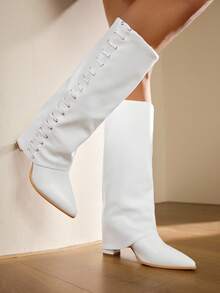 Daringsoles 女式尖头粗跟绒面西部流苏靴，修身高筒靴 - 白色 - 查看 6