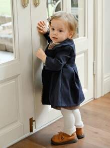 Souflis Souflis Baby Girls' Casual Versatile Long Sleeve Lapel Trench Coat, Suitable For Spring & Autumn, Daily Wear Baby Girl Trench Coat Fall Winter - Navy Blue - View 3