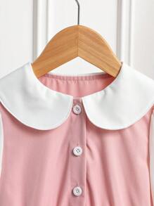 SHEIN Young Girls' Cute & Sweet Peter Pan Collar Bow Dress Fall Winter - Pink - View 4