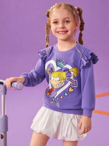 Nick 90s | SHEIN Sudadera con cuello redondo morada con decoración de lazo, estampado de corazones y dibujos animados lindo para niña - Morado - Ver 6