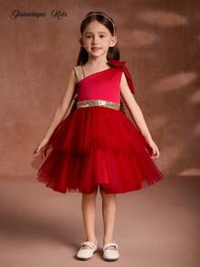 Glamorique Kids 4-Season Girls' Christmas Shiny Performance Dress,Red,Summer,Satin,Party,Sleeveless Oblique Shoulder Big Bow Tulle Layered Sheer Gold Decor Princess - Red - View 4