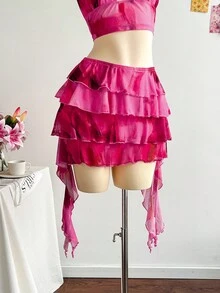 Soleia 女士复古扎染印花深 V 领露背系带蝴蝶结吊带背心和多层荷叶边下摆迷你裙套装，适合派对、性感约会、下午茶、街头、城市度假、音乐节、夏季海滩 - 彩色 - 查看 6