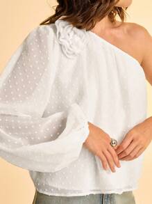 CAJUNI 女式波西米亚风格度假休闲波尔卡圆点纹理雪纺面料斜肩 3D 设计衬衫 - 白色 - 查看 7