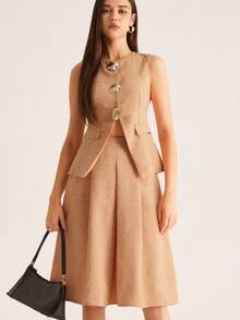 BELROSIE Set di 2 pezzi in stile britannico, composto da top in tweed da pendolare e gonna midi plissettata, con decorazione in metallo a forma di conchiglia per le donne - Arancione - Visualizzare 4