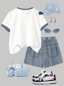 SHEIN Tween Girls Casual Minimalist Short Sleeve T-Shirt And Shorts 2 Pieces Set, Summer