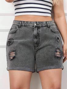 EURMUSE 迷你短褲，重度損壞帶有折疊細節 - 灰色 - 查看 4