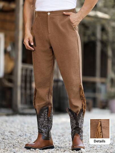 Manfinity Nomadique Pantalones con flecos decorativos de estilo vintage para hombres