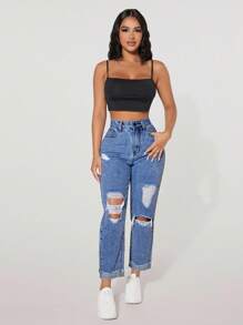 SHEIN PETITE High Waist Ripped Roll Up Hem Straight Leg Jeans